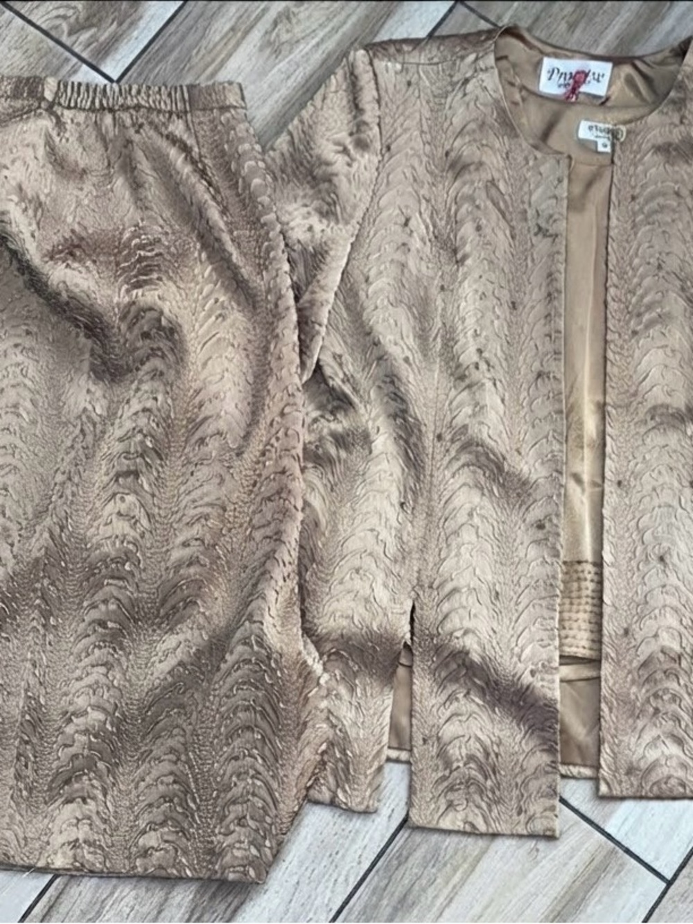 Women's Textured Gold Two-Piece Jacket and Skirt Set